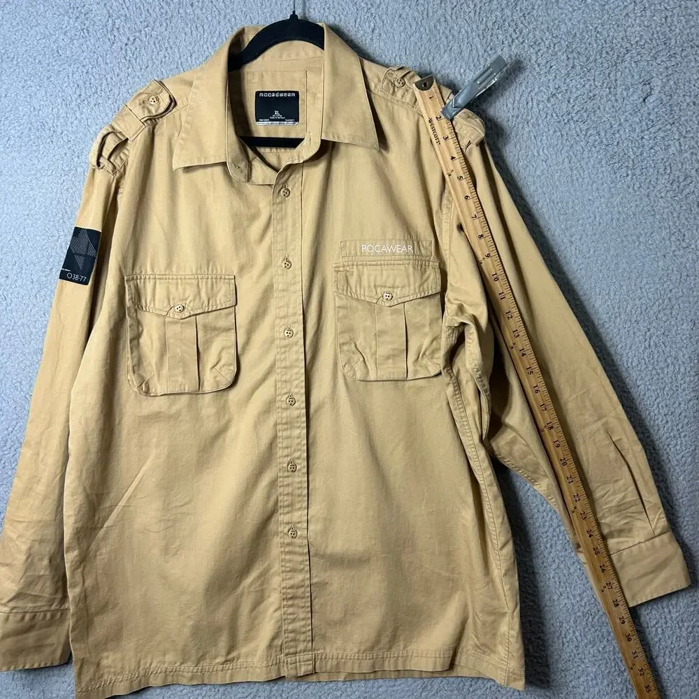 Rocawear Shirt Mens XL Tan Cotton Long Sleeve Button‎ Up Vintage Y2K Hip Hop